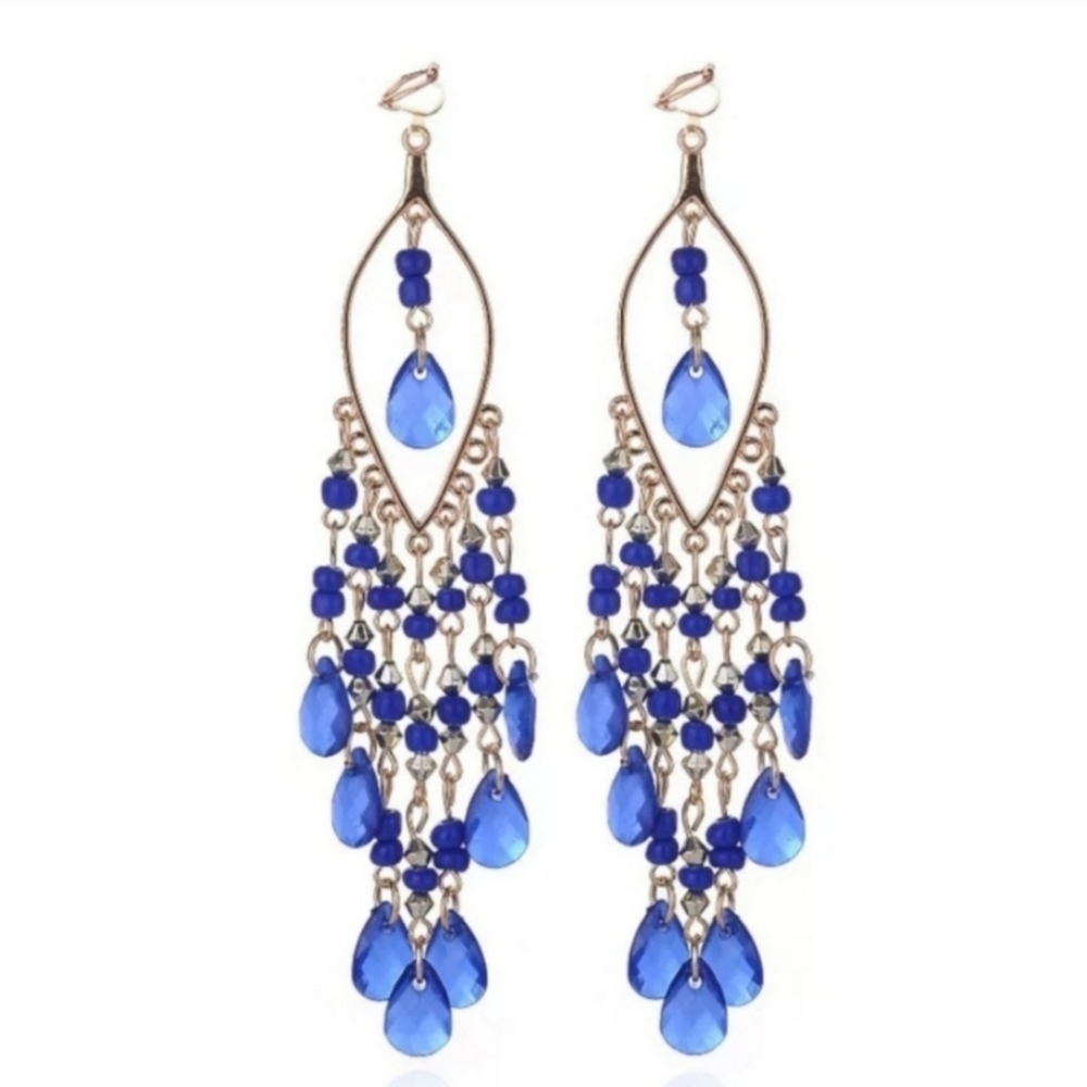 Clip On Chandelier Long Earrings Beads
